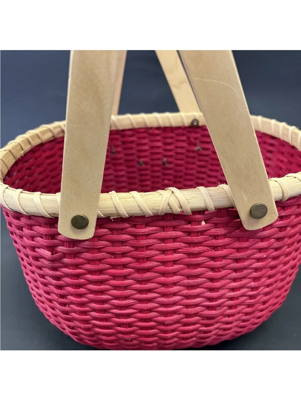 Vintage Red Woven Peterboro Oval Basket With Sugared Fruit & Double Handles 10”